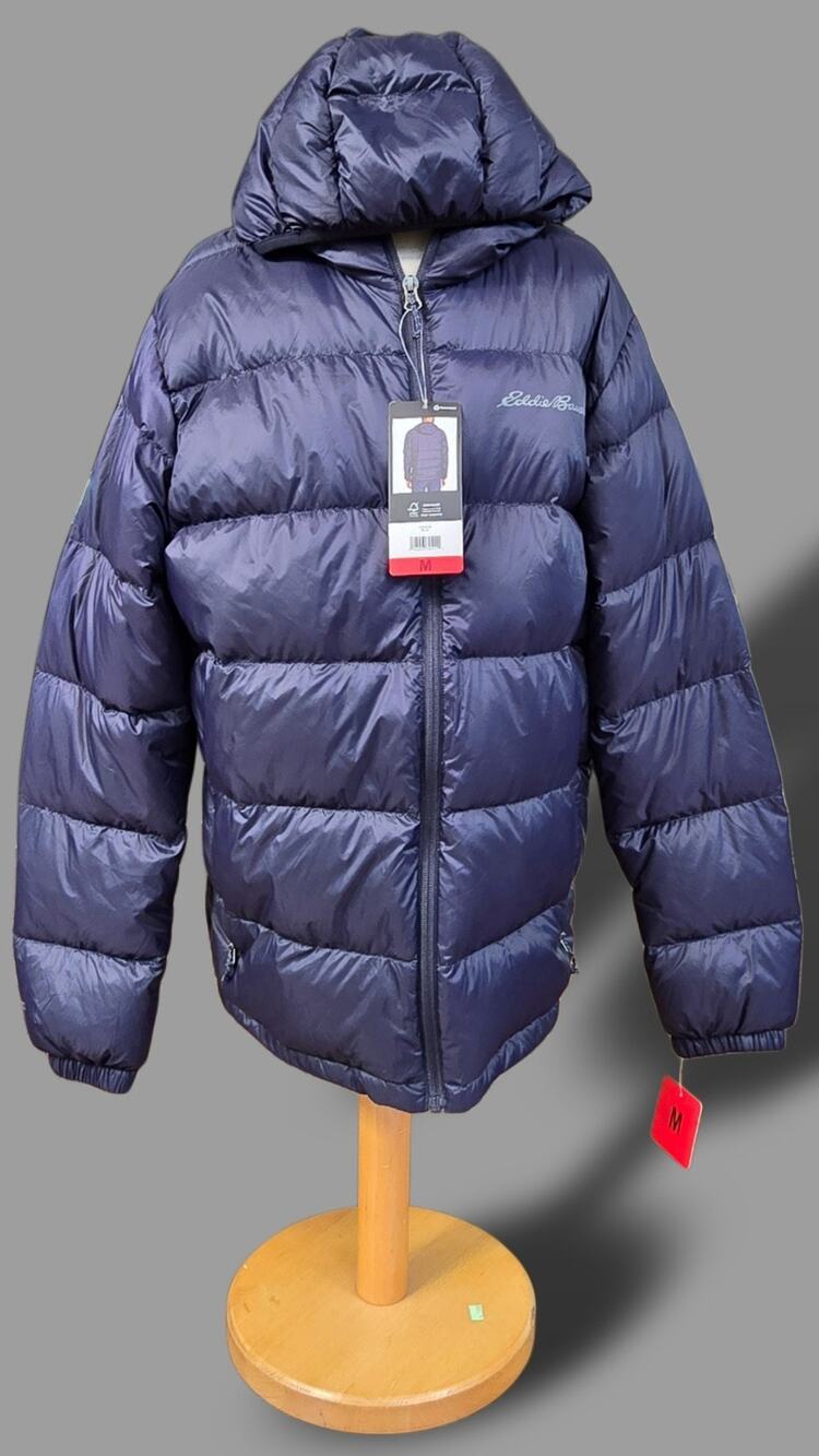 NWT Eddie Bauer Men's Wide Channel Hooded Down Jacket 650 Fill Power Blue M Medi